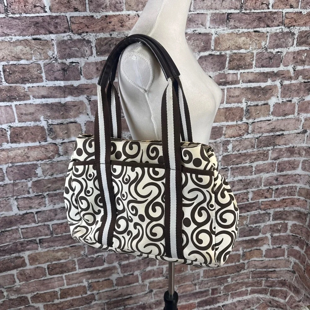 Pomegranate Inc Tote Bag Brown‎ Swirl Print Leather Handle Purse Women Pre-Owned
